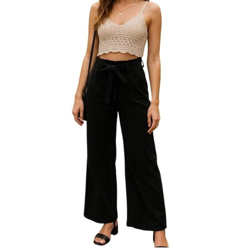 Sweewe Paris Black Corduroy Pants Womens Sz M Wide Leg Tie Waist Soft Retro Y2K - Picture 1 of 7